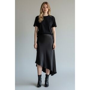 H&M Black Satin Asymmetrical Hem Slip Skirt Women's 14 Midi Silky Goth Witchy